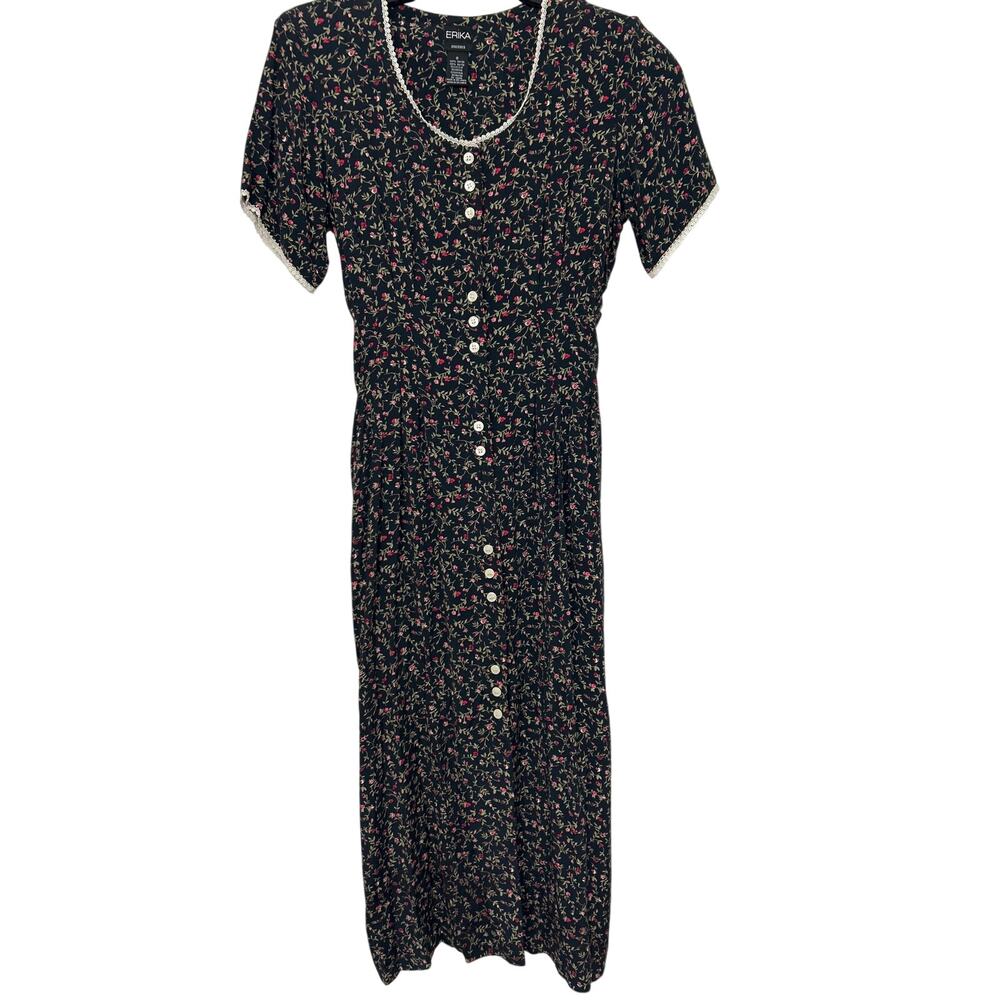 Erika Cottage Prairie Ditsy Floral Midi Dress Button Front Lace Trim 90s S